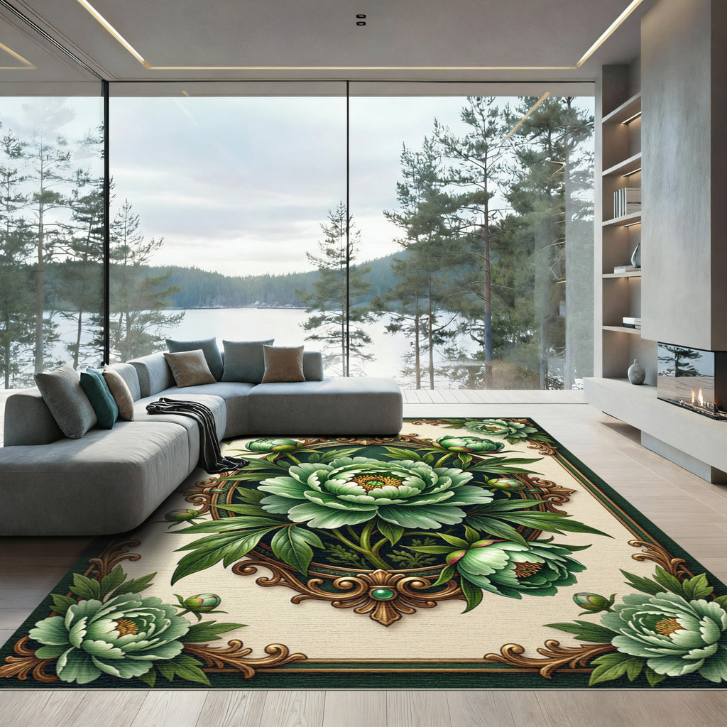 Elegant Sage Peony Ornate Framed Botanical Rug