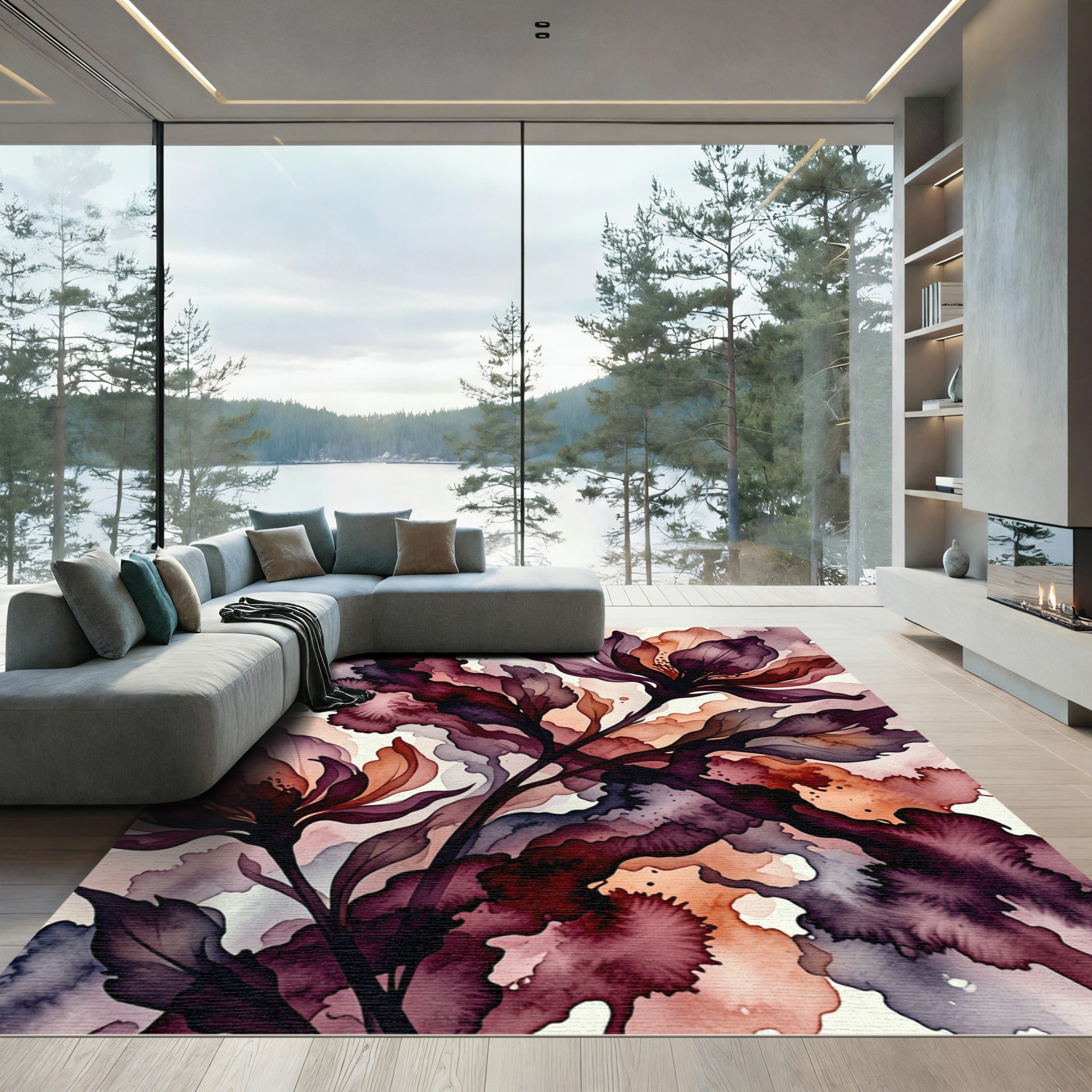 Ethereal Plum Watercolor Floral Art Rug