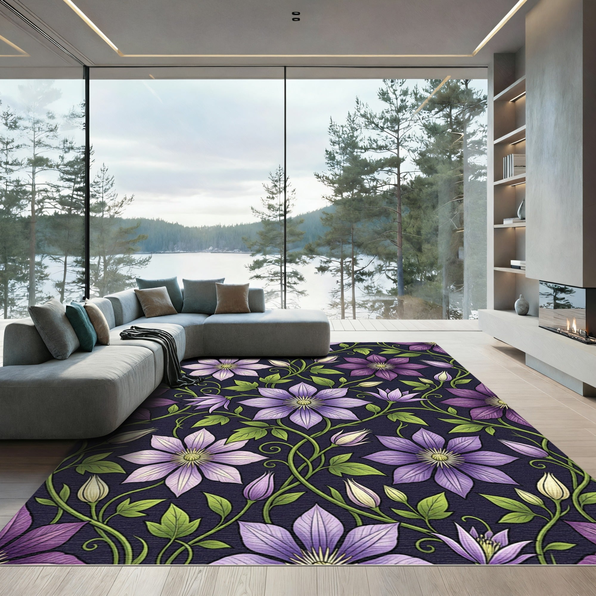 Elegant Purple Clematis Botanical Floral Rug