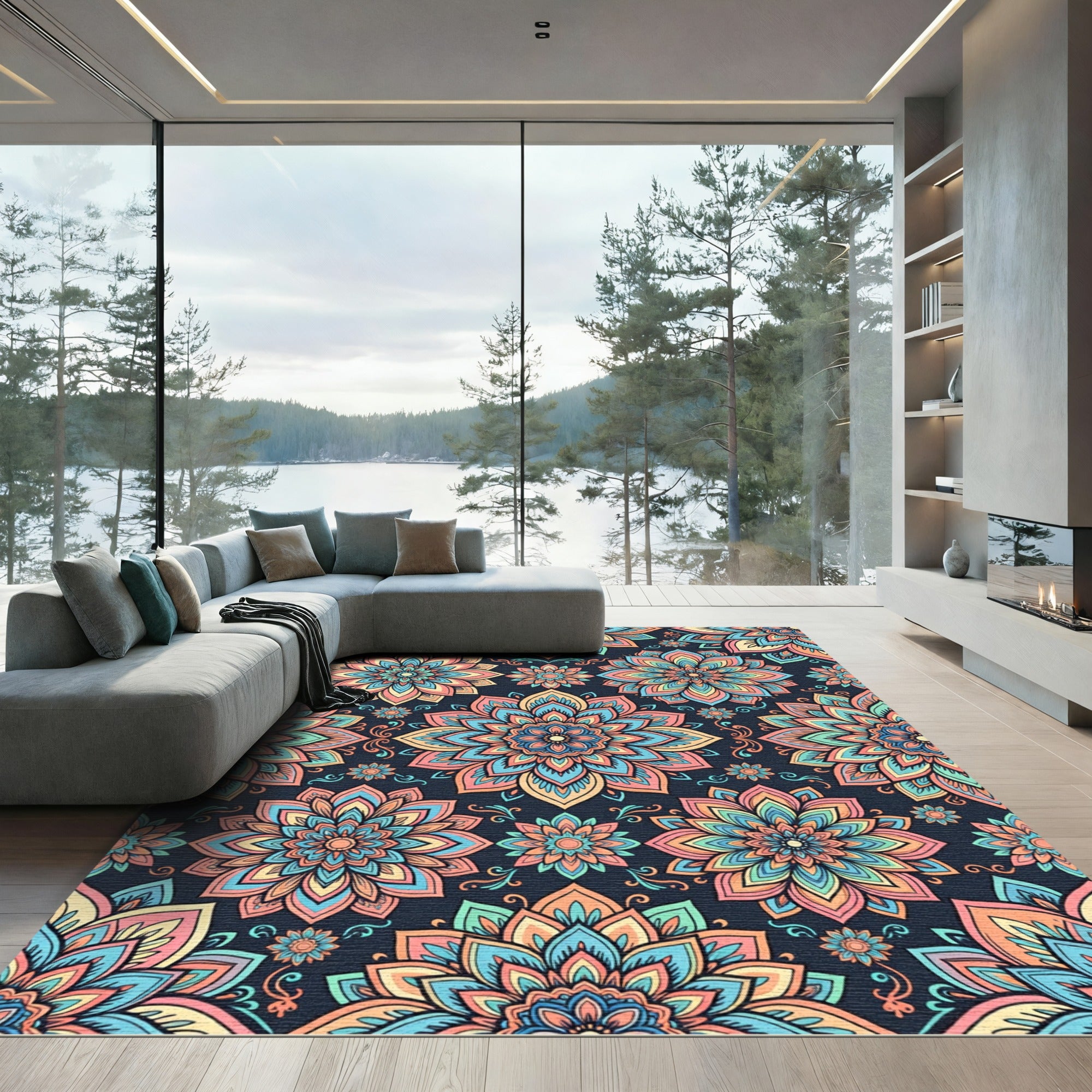 Vibrant Pastel Lotus Floral Mandala Rug