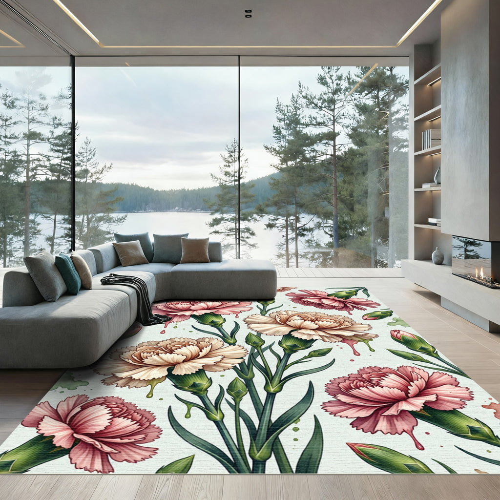 Blushing Carnation Floral Watercolor Aesthetic Rug