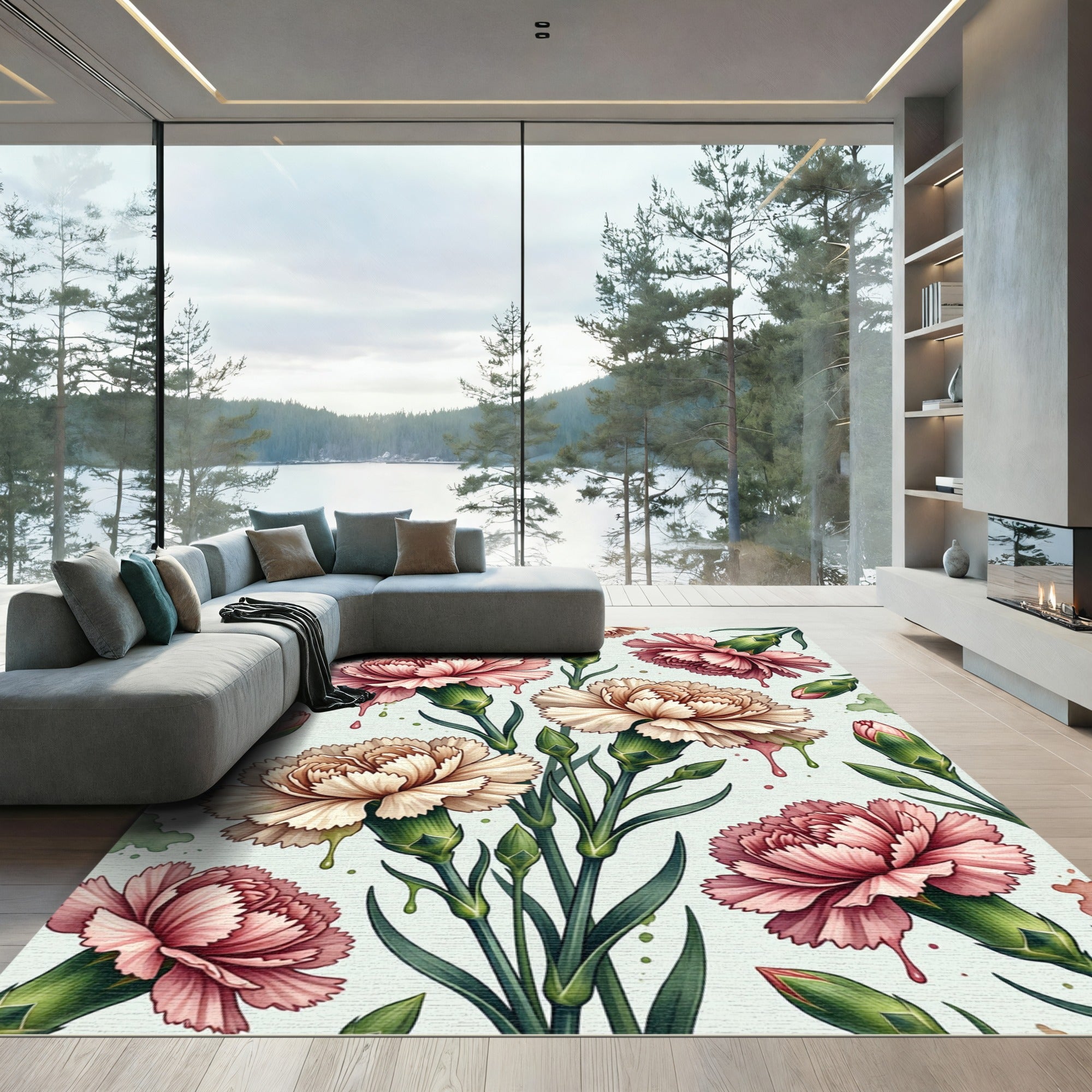 Blushing Carnation Floral Watercolor Aesthetic Rug