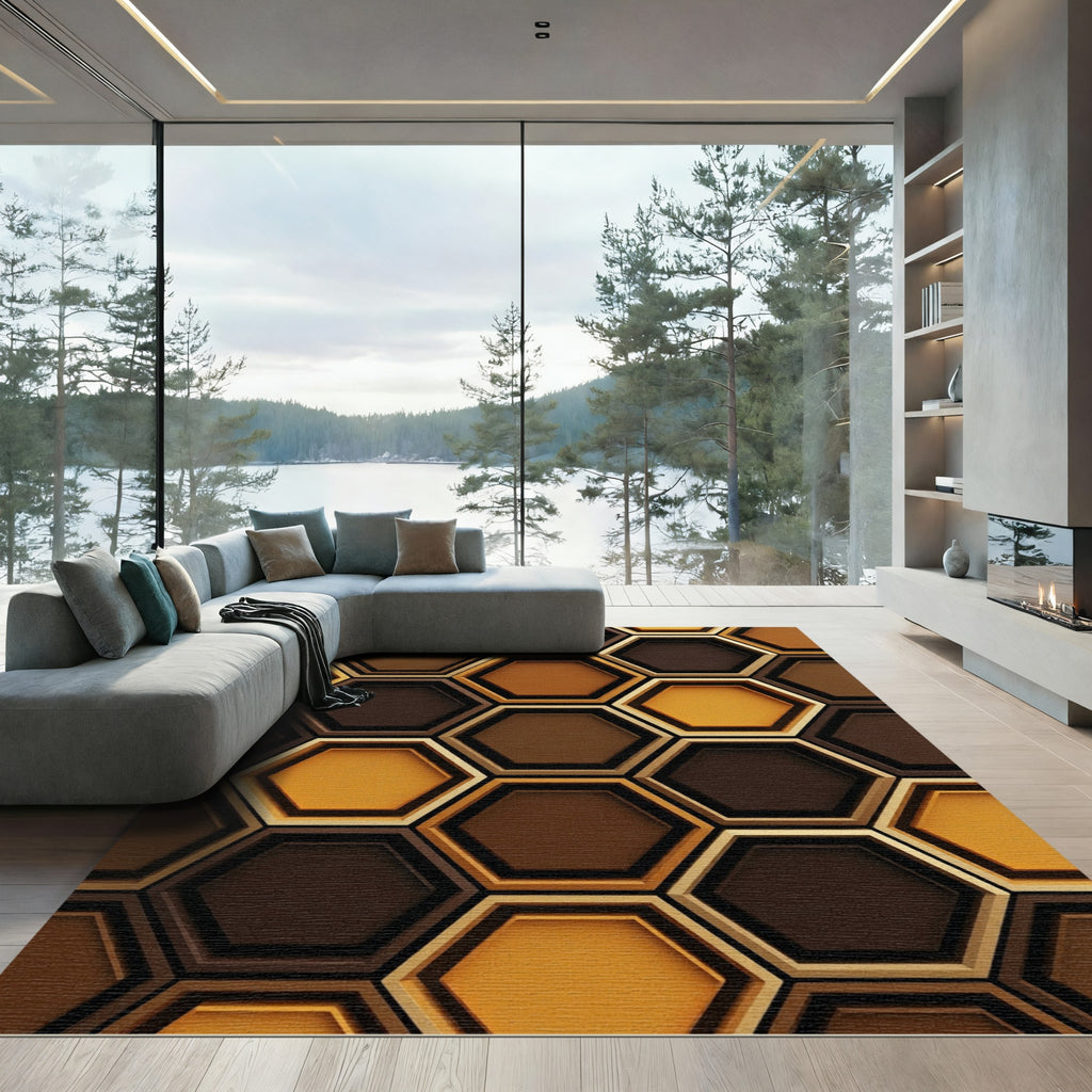 Golden Brown Hexagon Tile Arrangement Rug