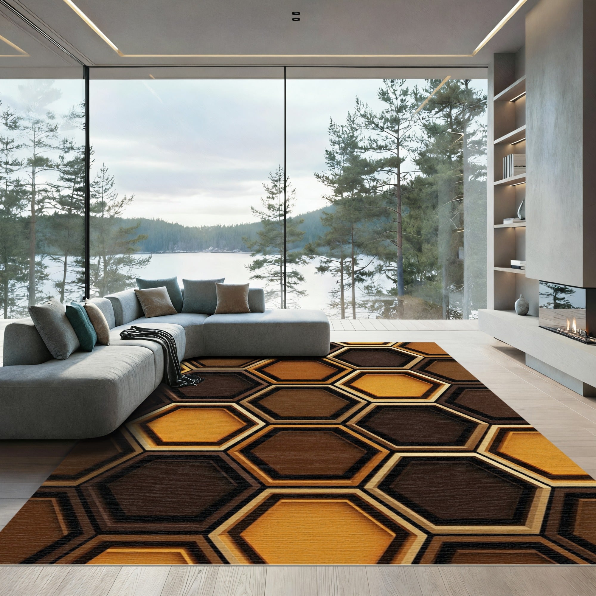 Golden Brown Hexagon Tile Arrangement Rug