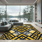 Geometric Gold Navy Aztec Diamond Texture Rug