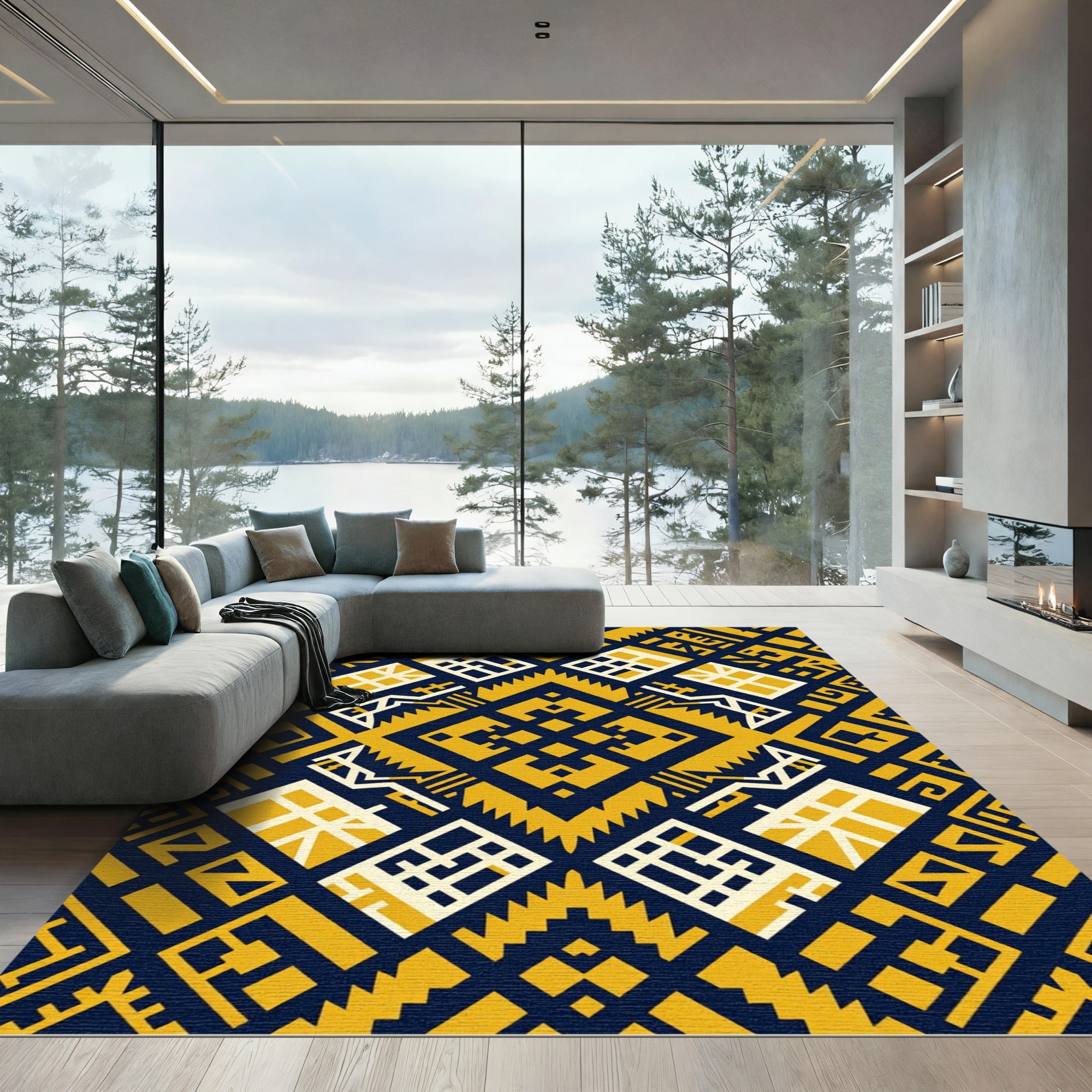Geometric Gold Navy Aztec Diamond Texture Rug