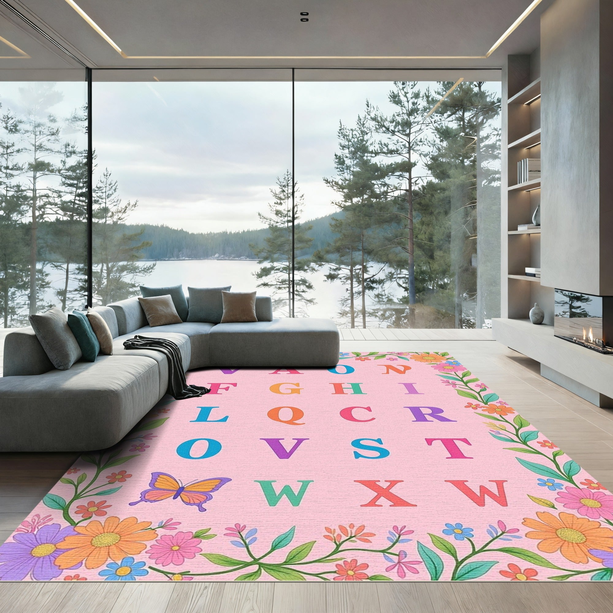 Alphabet Flowers Butterfly Whimsical Collage Rug