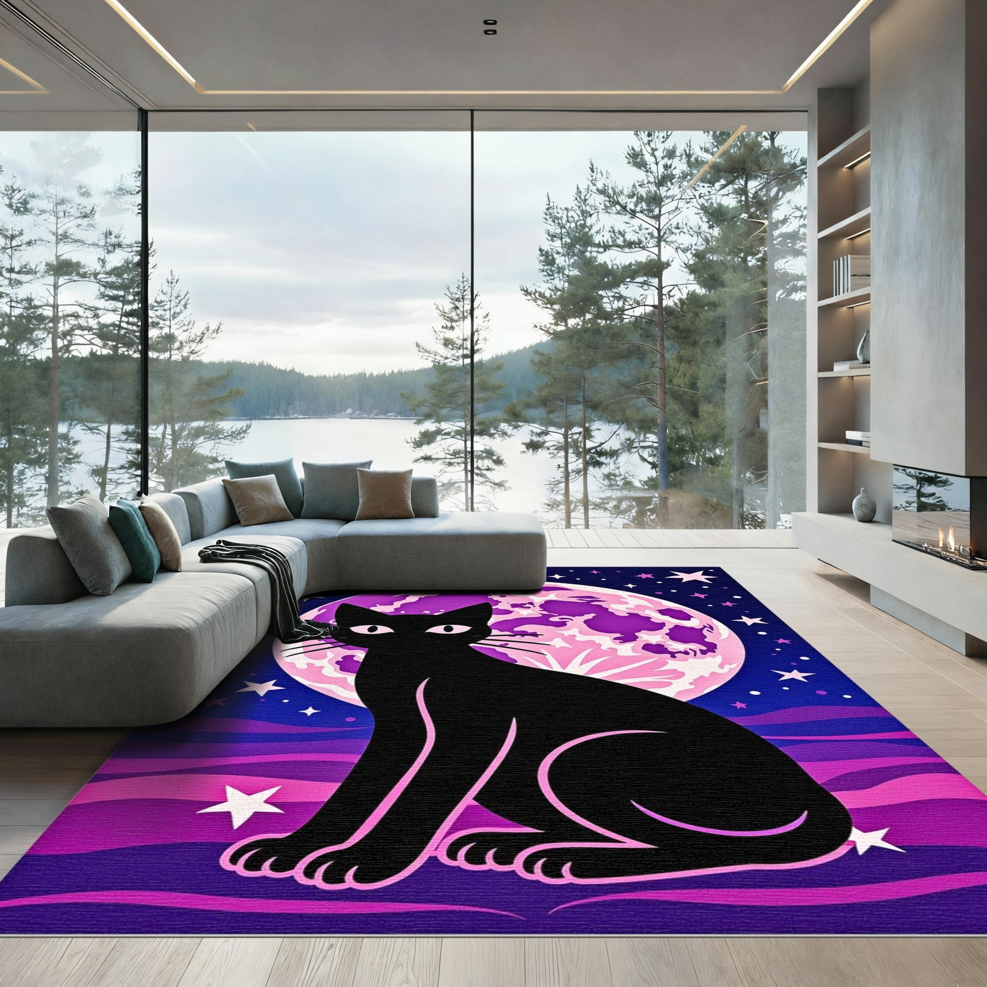 Black Cat Pink Moon Starry Night Rug