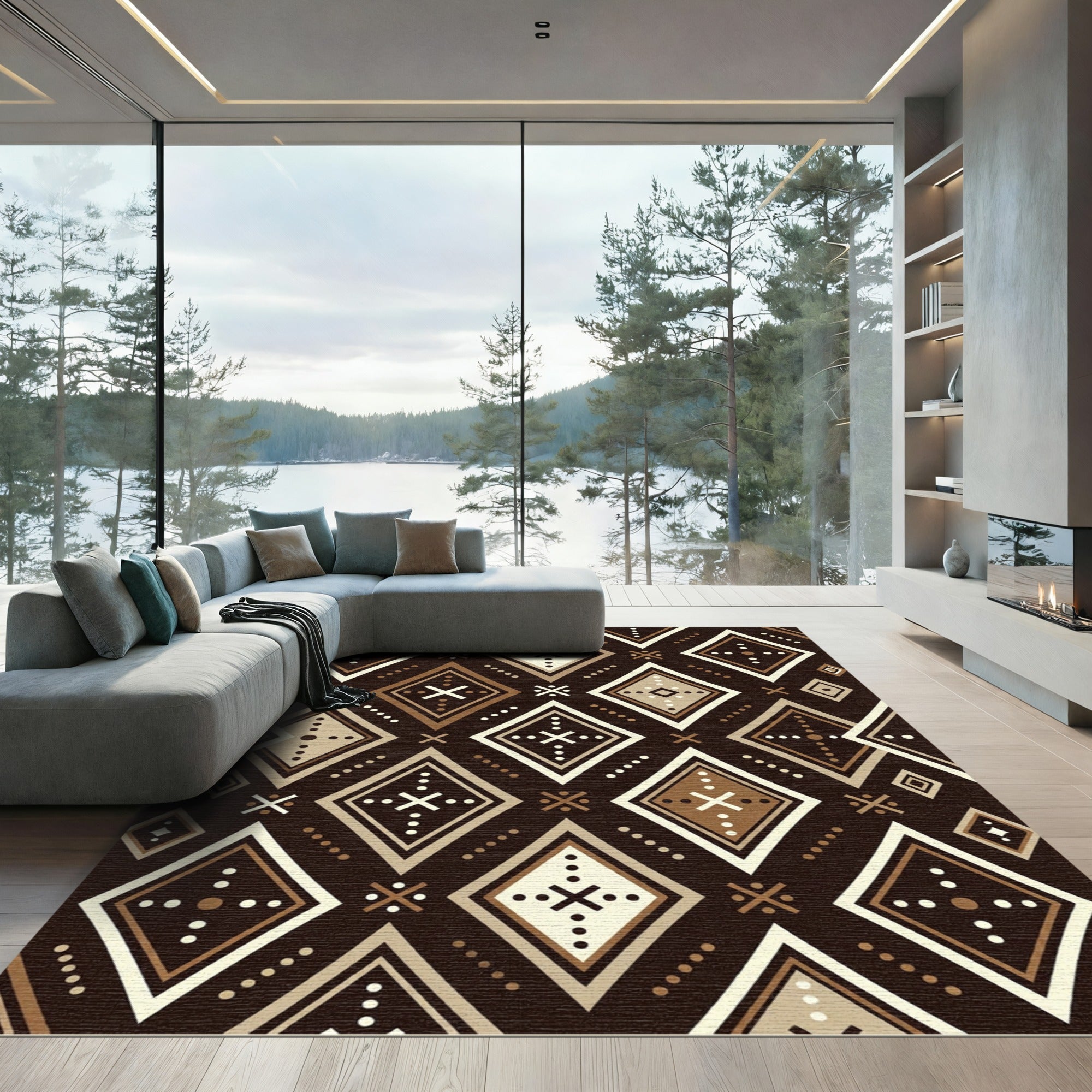 Brown Cream Diamond Geometric Pattern Rug