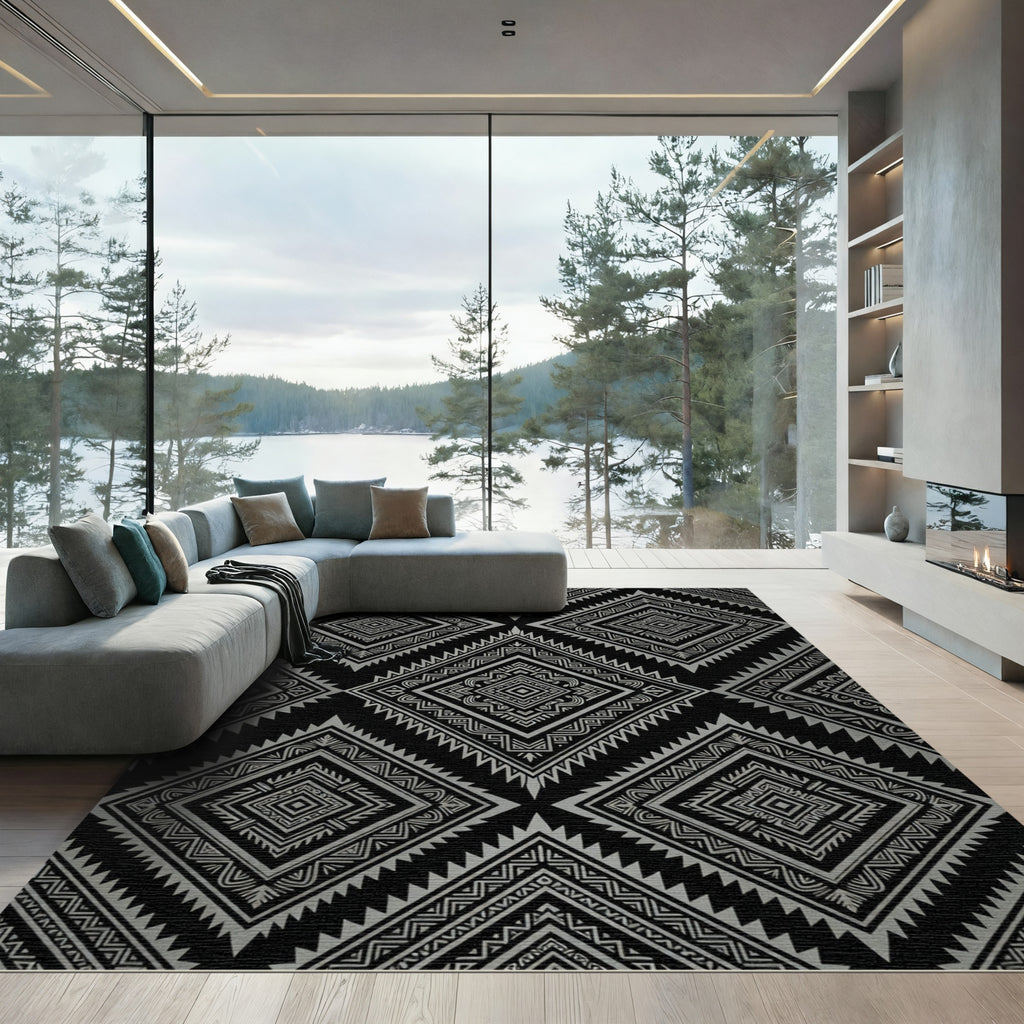 Sophisticated Silver Monochrome Geometric Diamond Rug