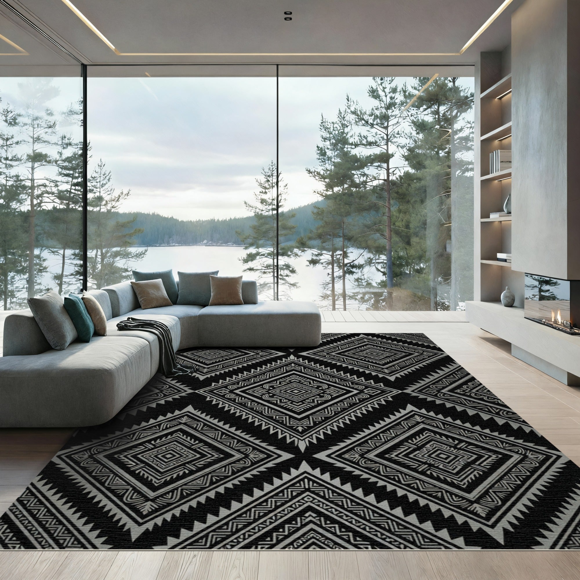 Sophisticated Silver Monochrome Geometric Diamond Rug