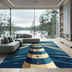 Coastal Blue Cream Striped Lighthouse Rug