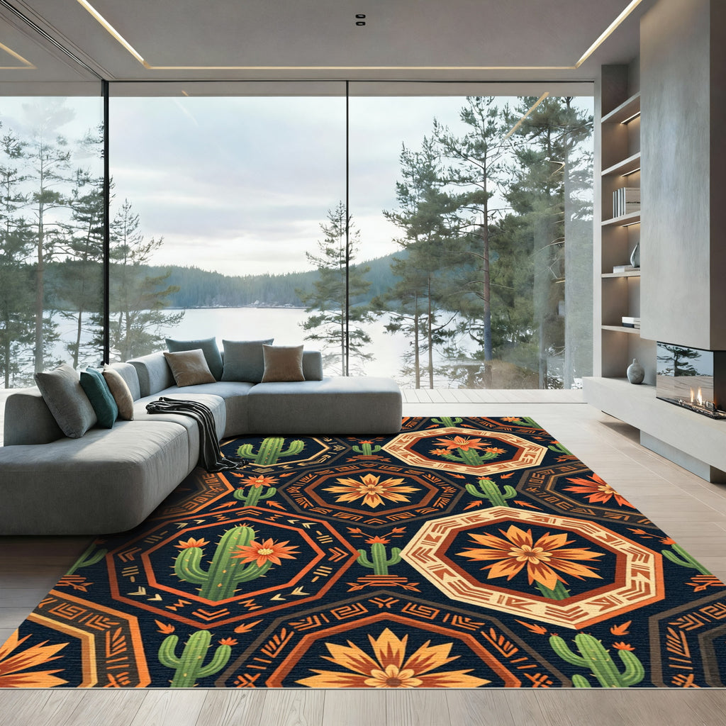 Desert Cactus Hexagon Terracotta Ochre Art Rug