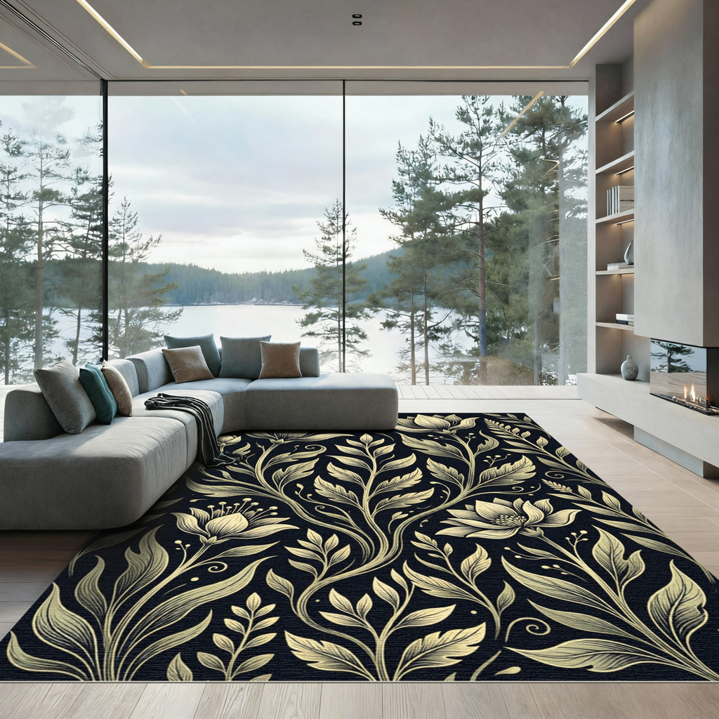 Elegant Gold Floral Botanical Silhouette Rug