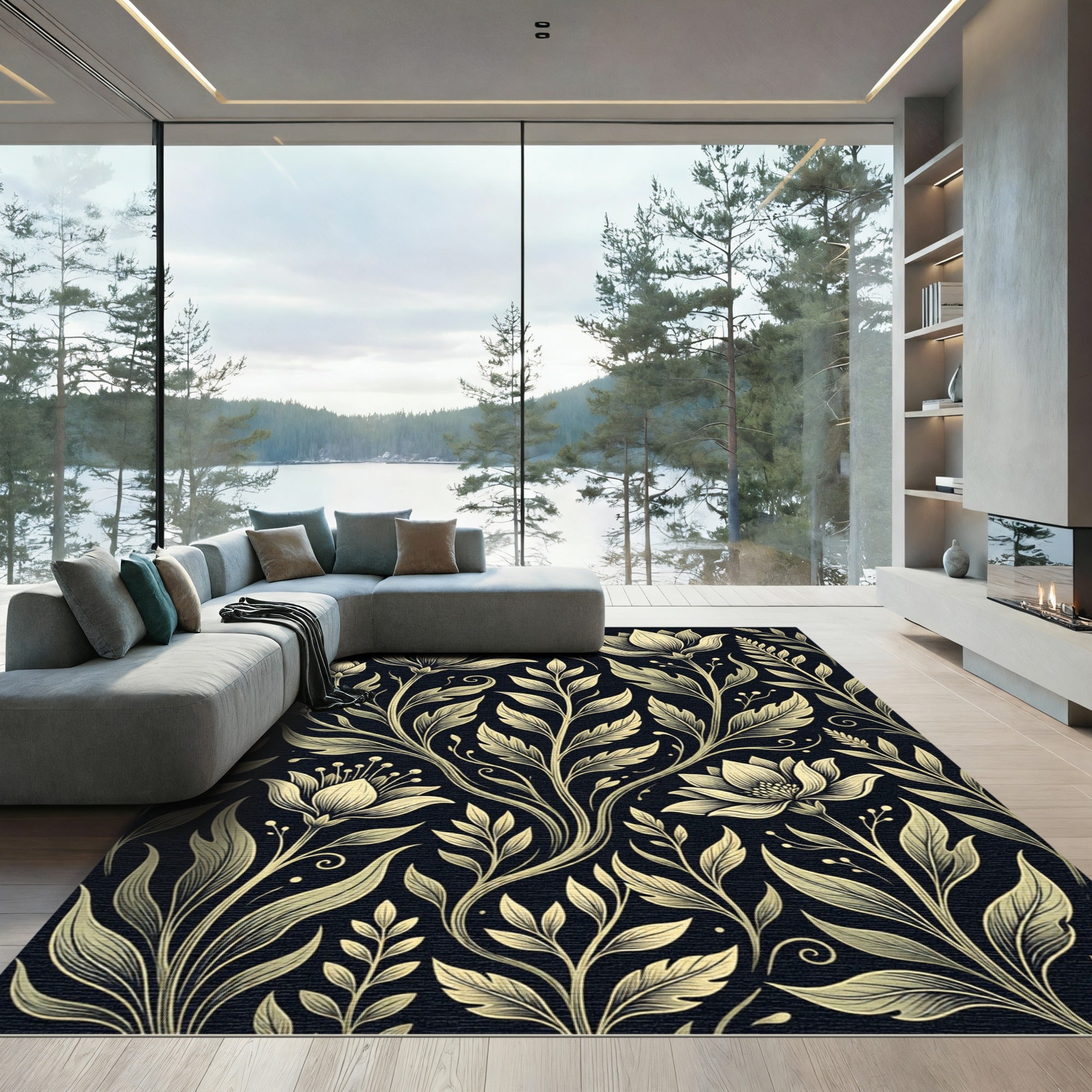 Elegant Gold Floral Botanical Silhouette Rug
