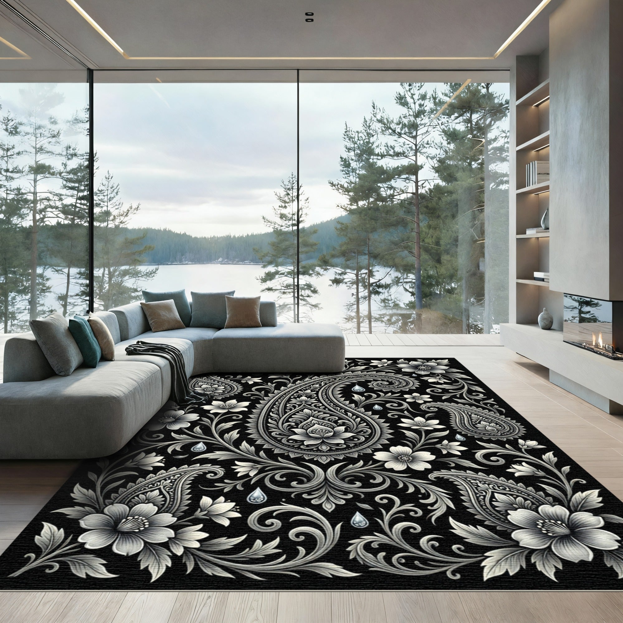 Elaborate Paisley Floral Monochrome Accents Rug