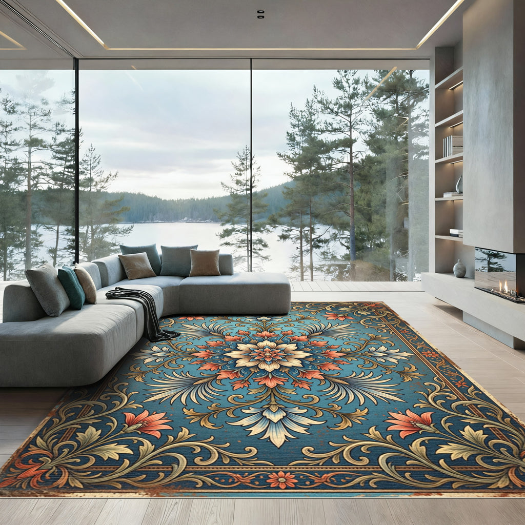 Elegant Blue Coral Floral Medallion Rug