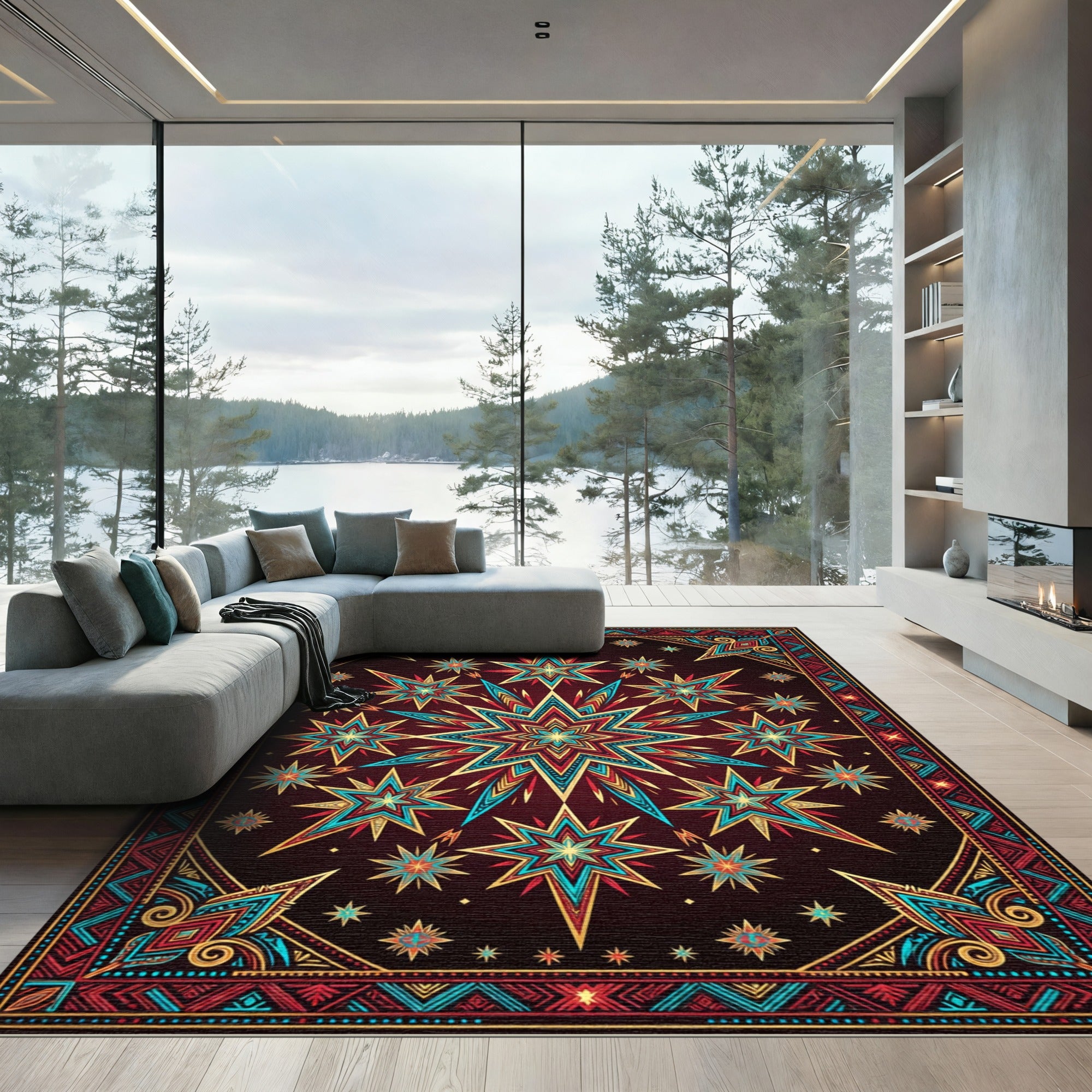Celestial Teal and Gold Starry Medallion Rug