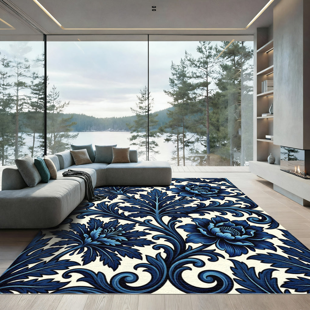 Deep Blue Victorian Floral Scroll Rug