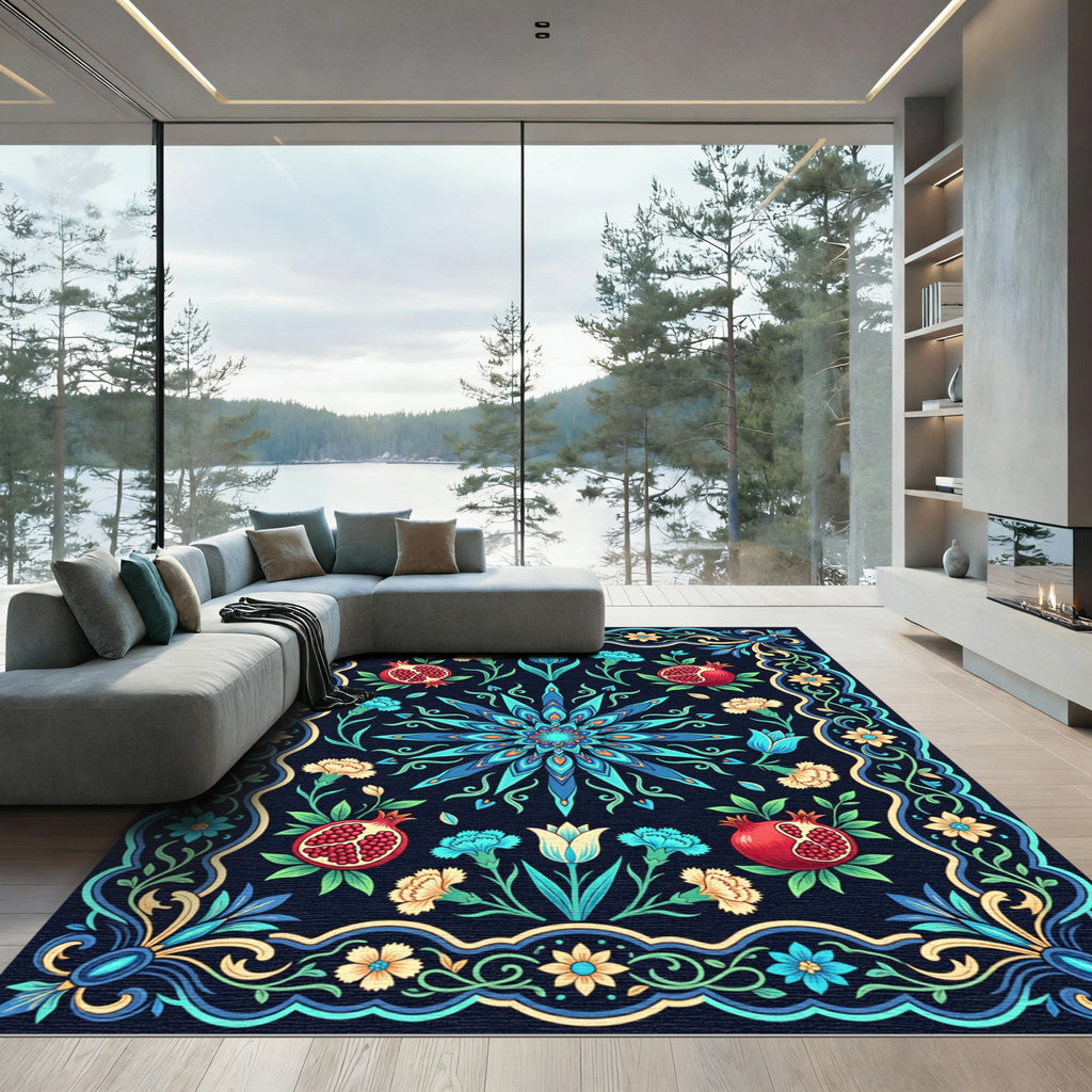 Deep Blue Floral Pomegranate Medallion Rug