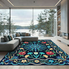 Deep Blue Floral Pomegranate Medallion Rug