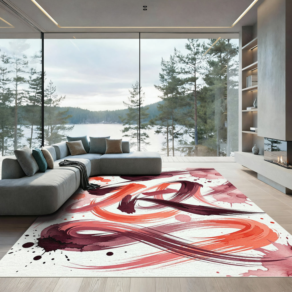 Crimson Coral Brushstroke Abstract Rug