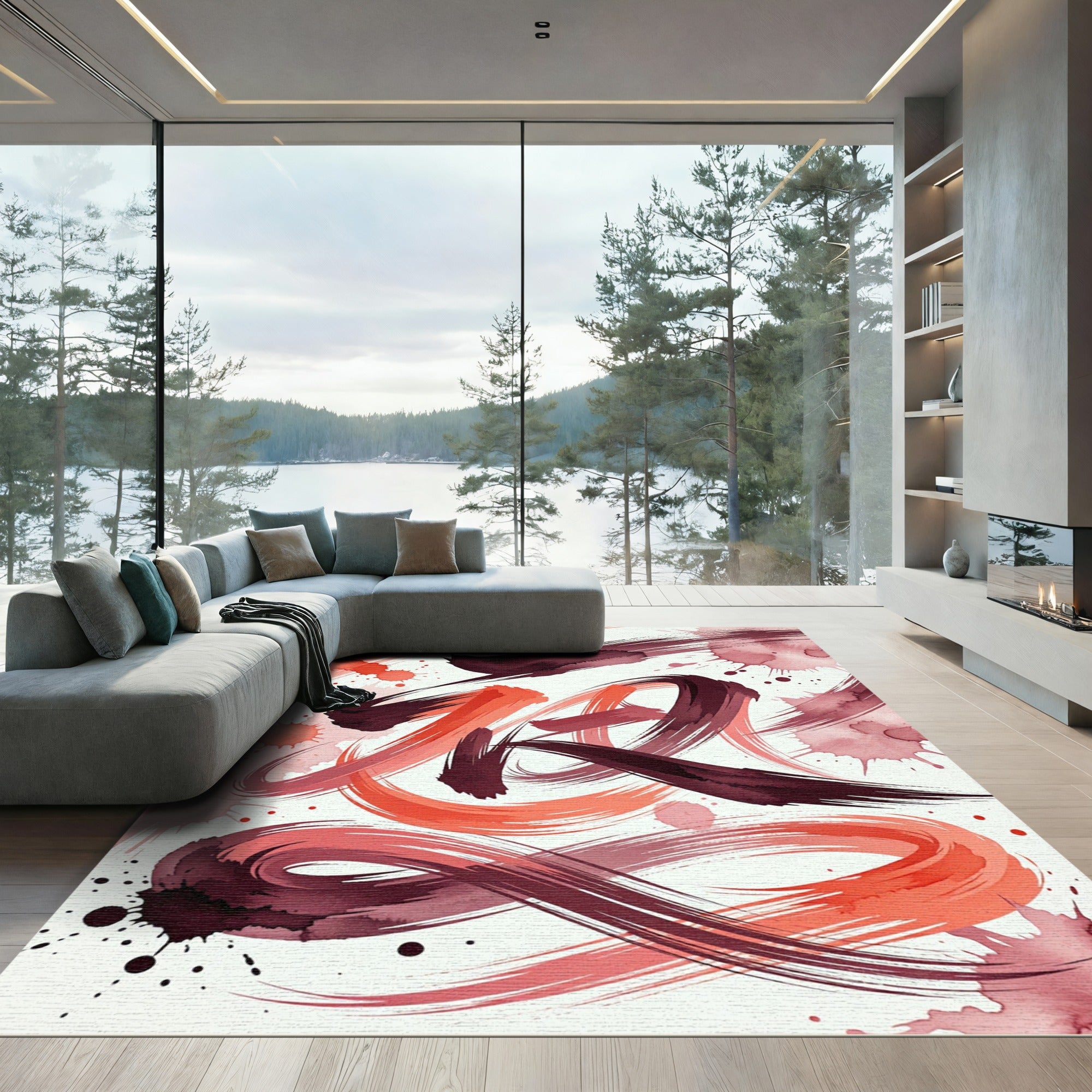 Crimson Coral Brushstroke Abstract Rug