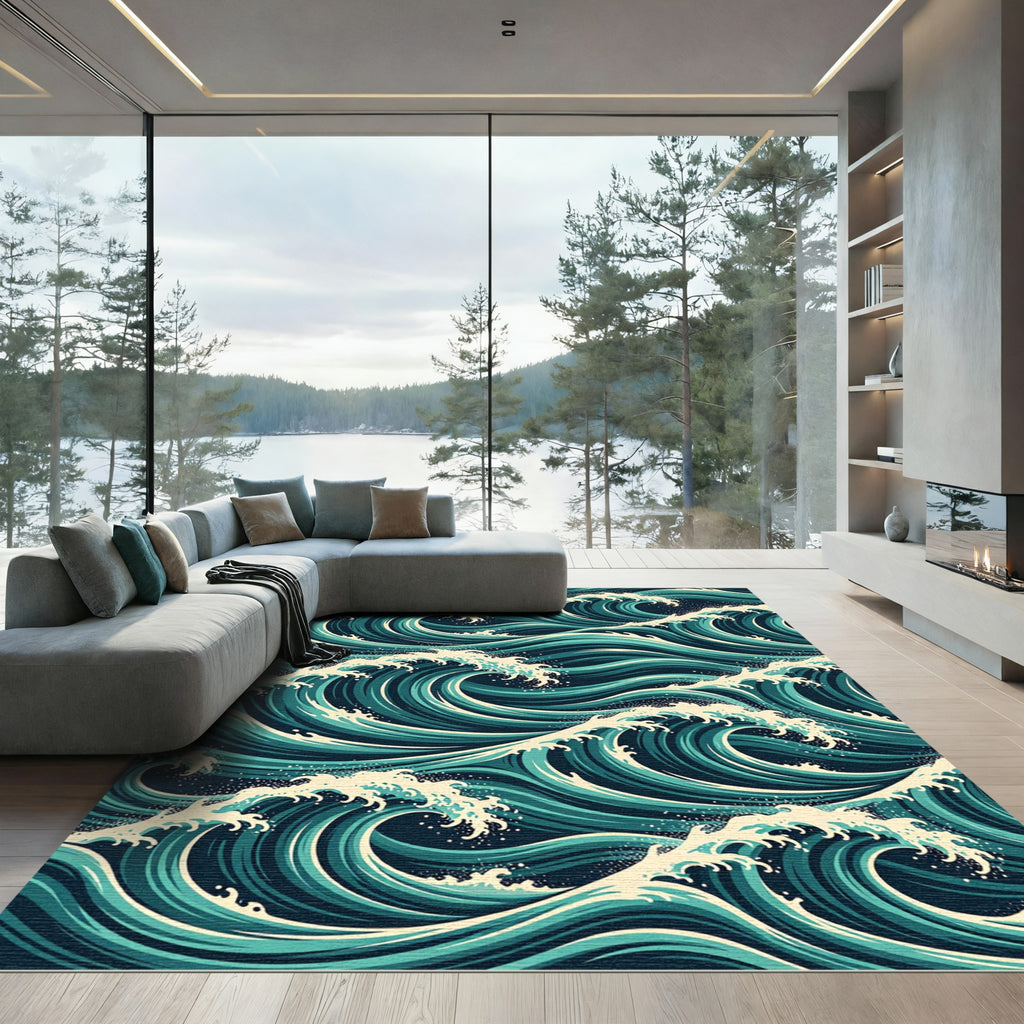 Japanese Teal Rolling Ocean Waves Rug