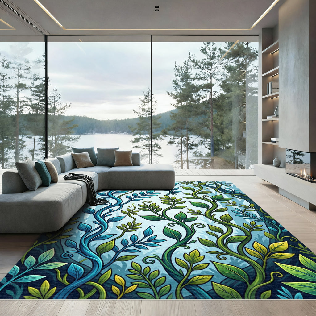 Lush Green Blue Enchanted Forest Vines Rug