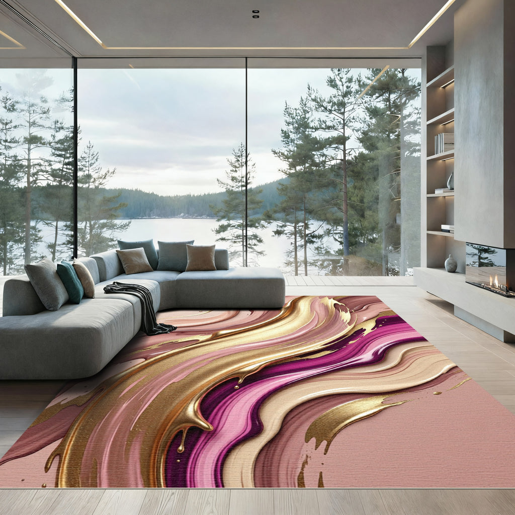 Elegant Gold and Mauve Abstract Swirl Rug