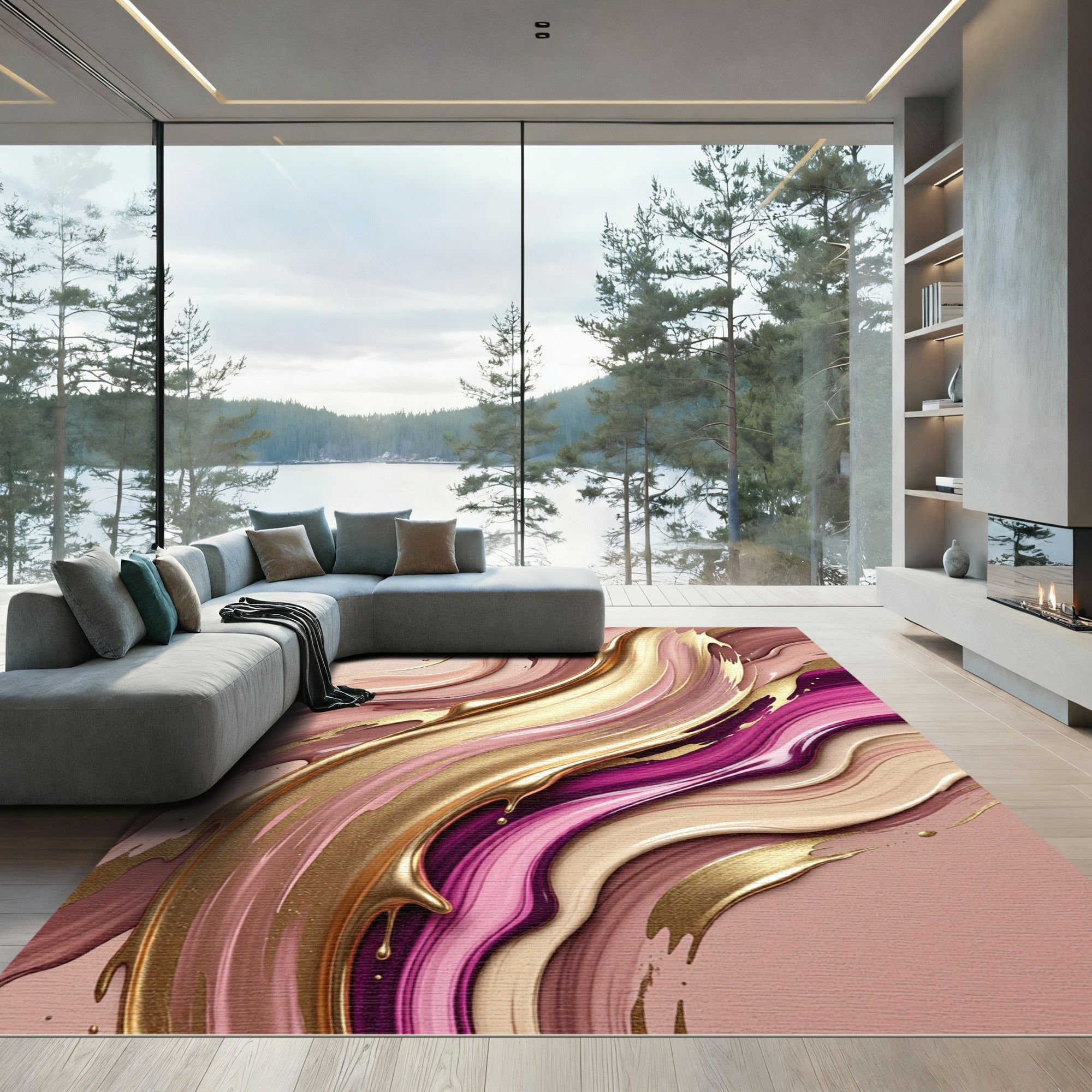 Elegant Gold and Mauve Abstract Swirl Rug