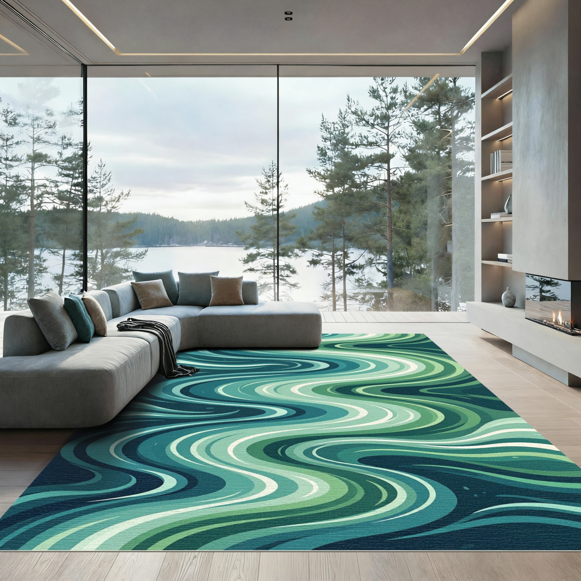 Deep Aqua Swirl Streaks Rug