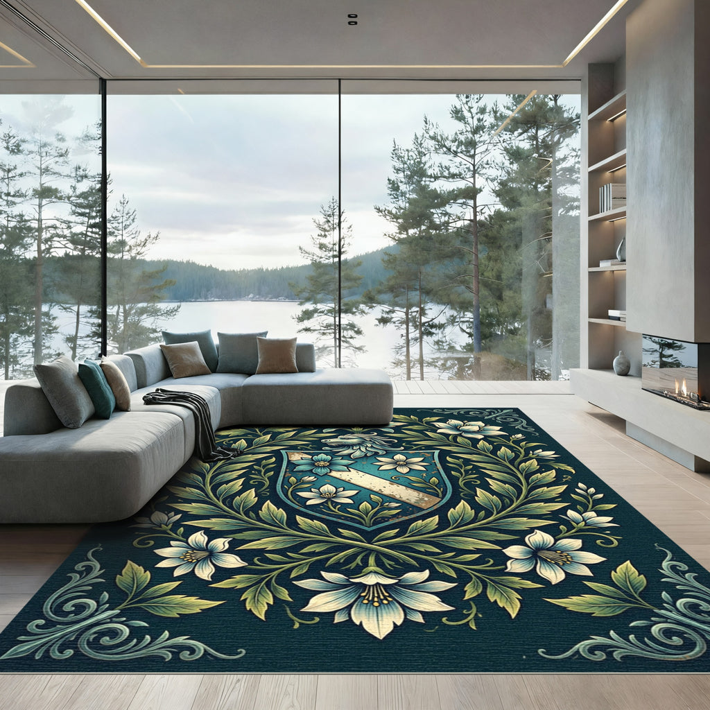 Elegant Blue Floral Crest Heraldic Area Rug