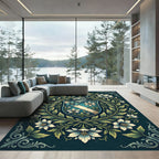 Elegant Blue Floral Crest Heraldic Area Rug