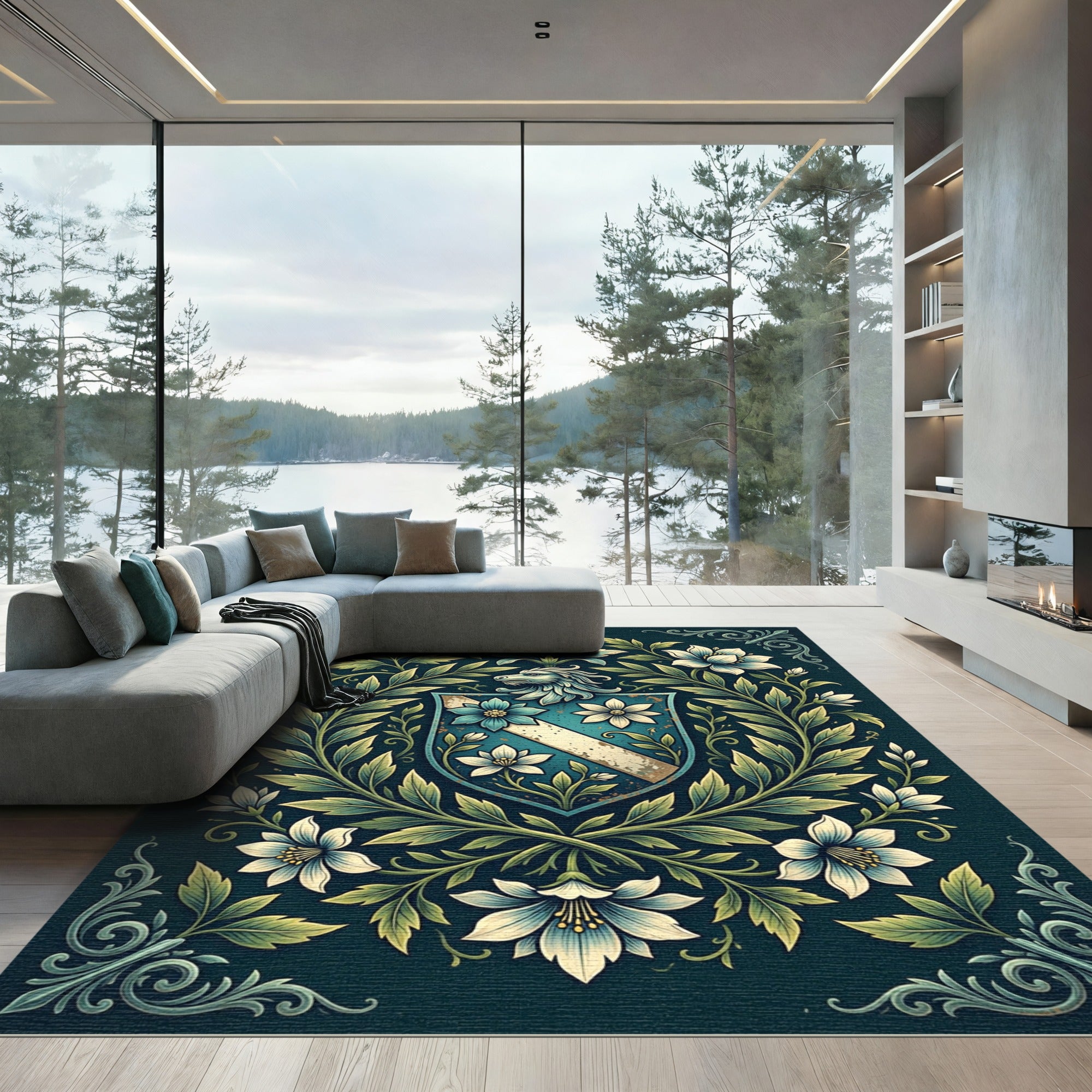 Elegant Blue Floral Crest Heraldic Area Rug