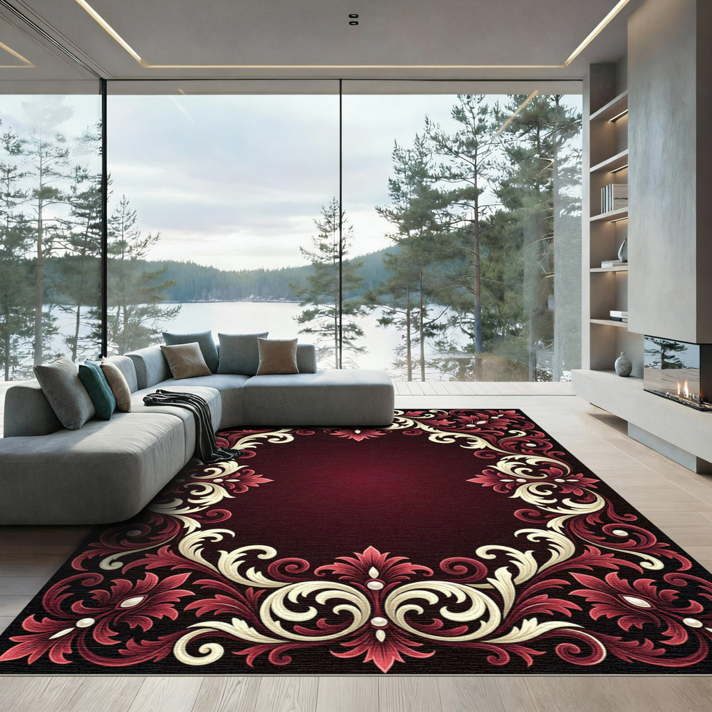 Elegant Crimson Ivory Damask Scroll Rug