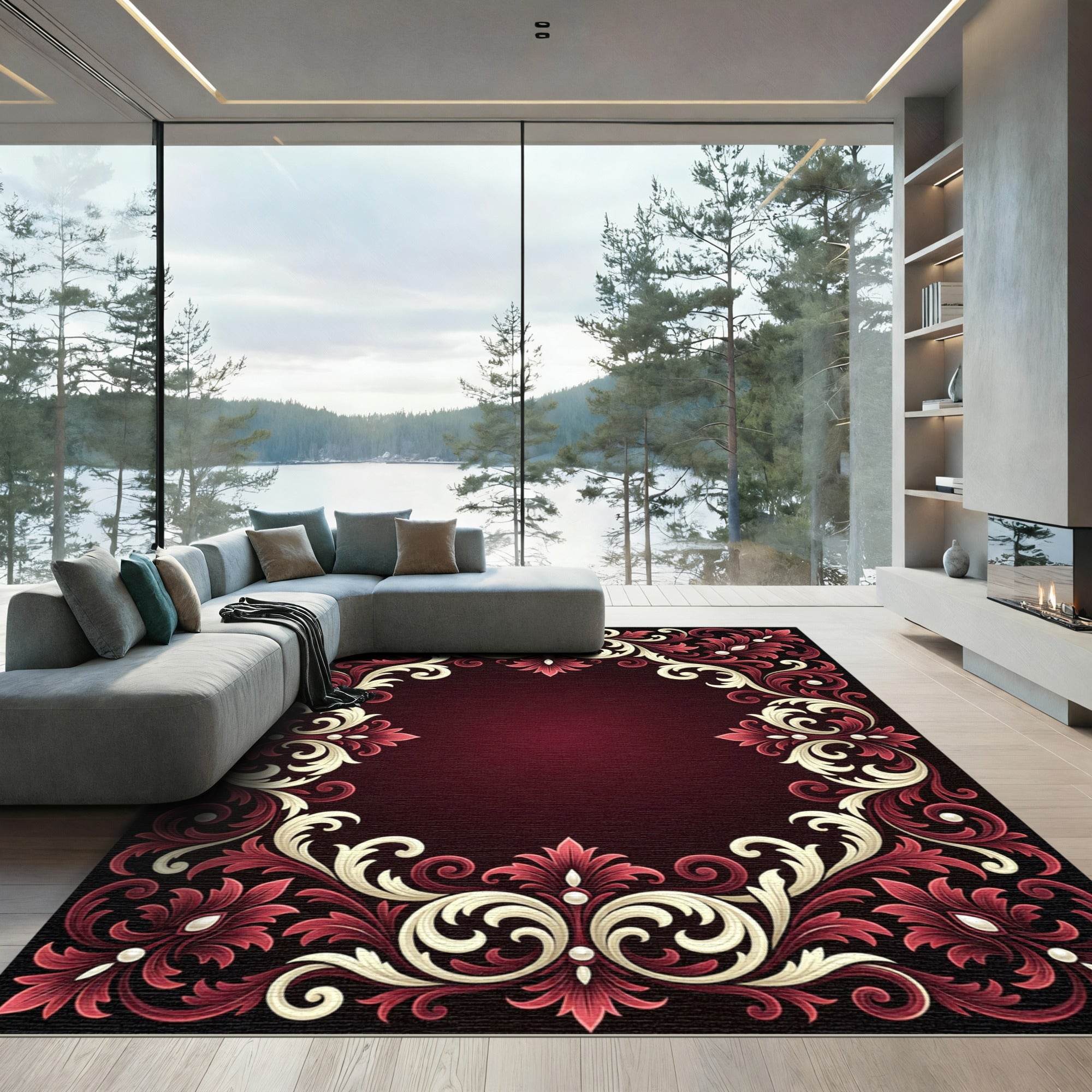 Elegant Crimson Ivory Damask Scroll Rug