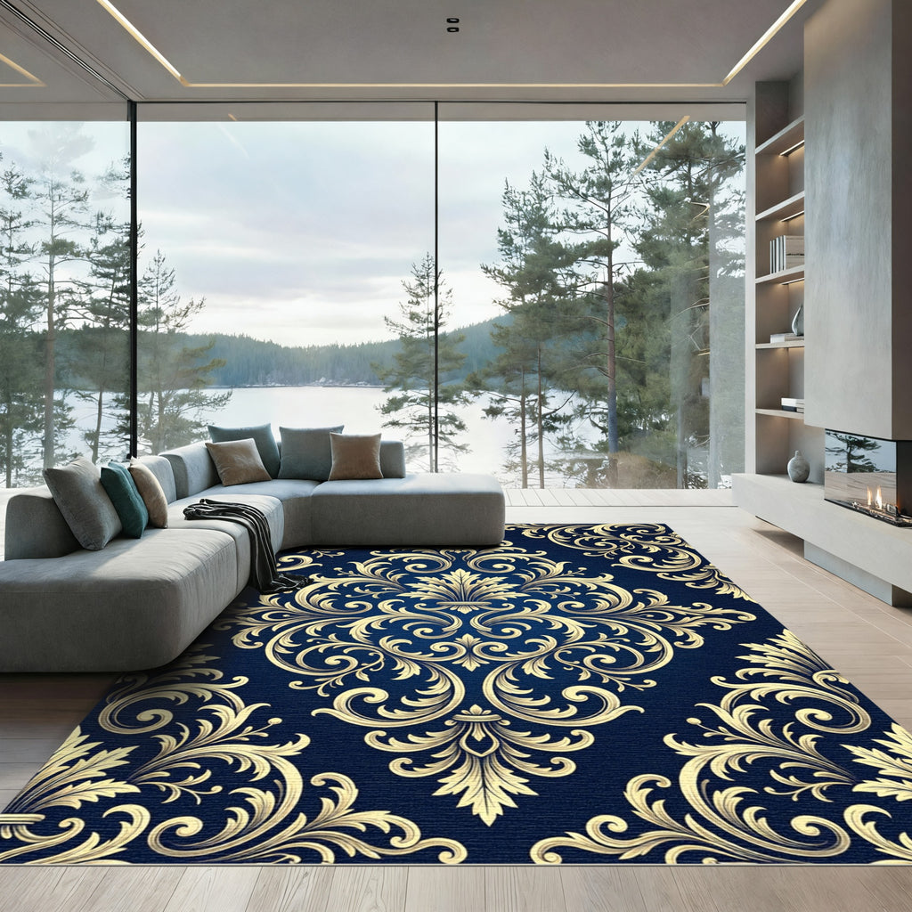 Ornate Gold Acanthus Scrollwork Navy Rug