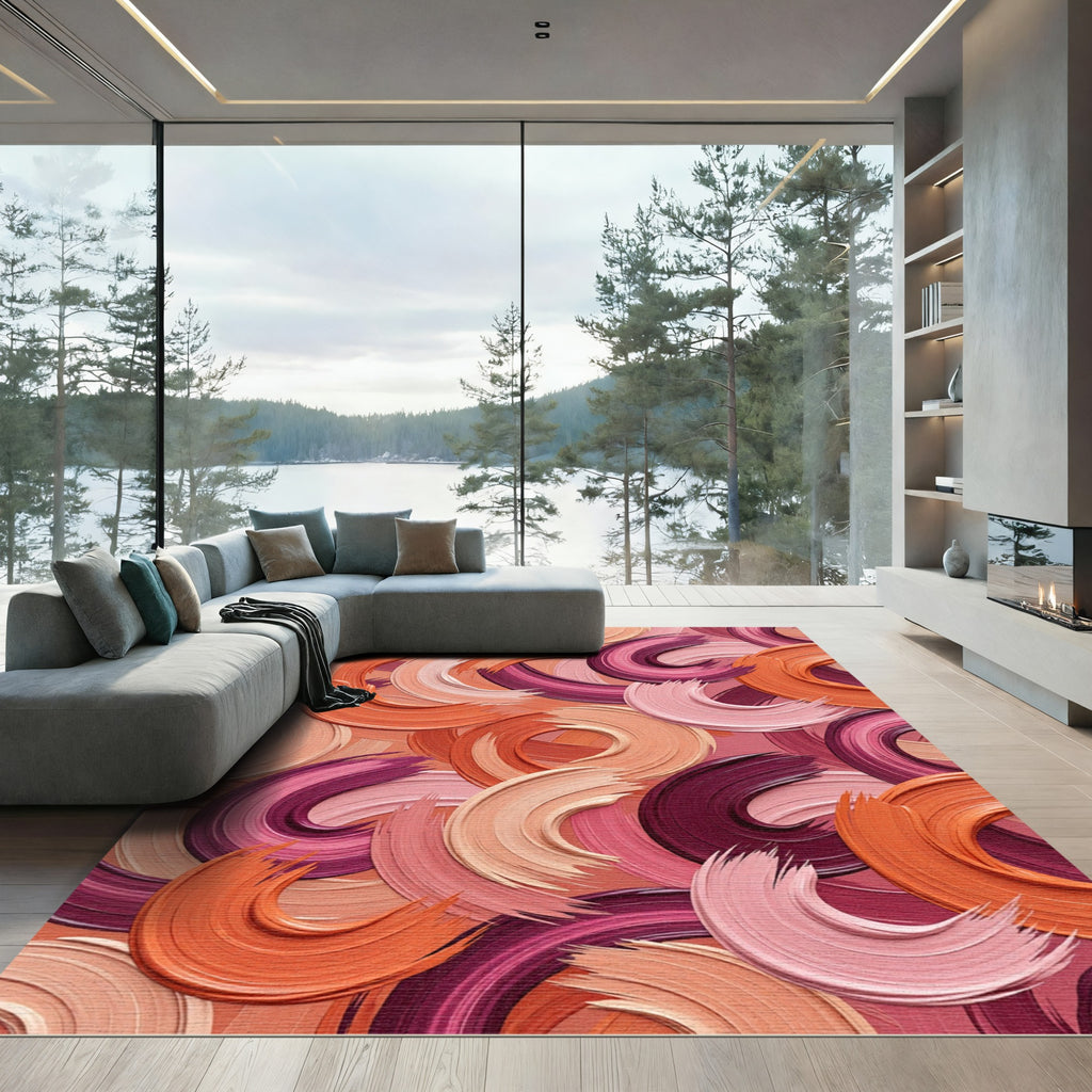 Abstract Brushstroke Swirls in Sunset Hues Rug