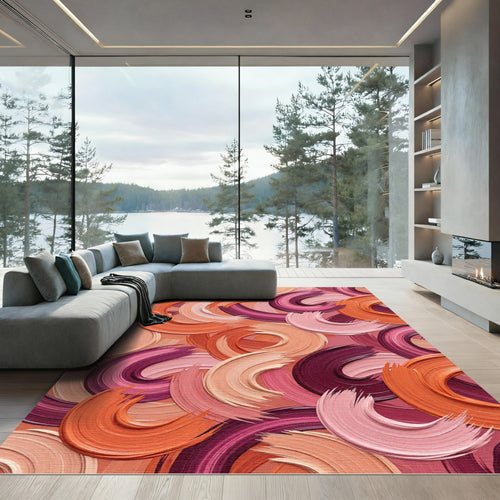 Abstract Brushstroke Swirls in Sunset Hues Rug