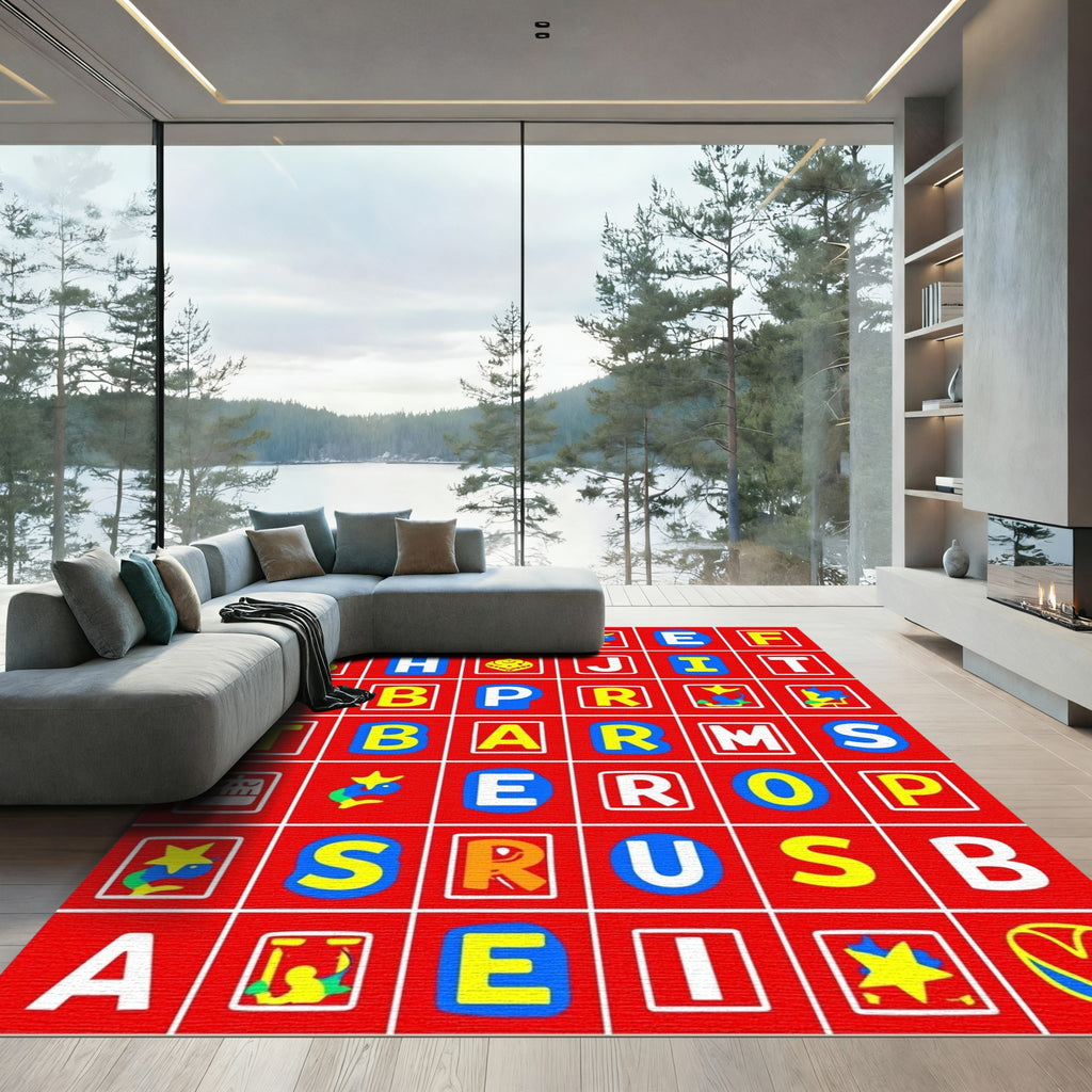 Playful Alphabet Animals Colorful Grid Rug