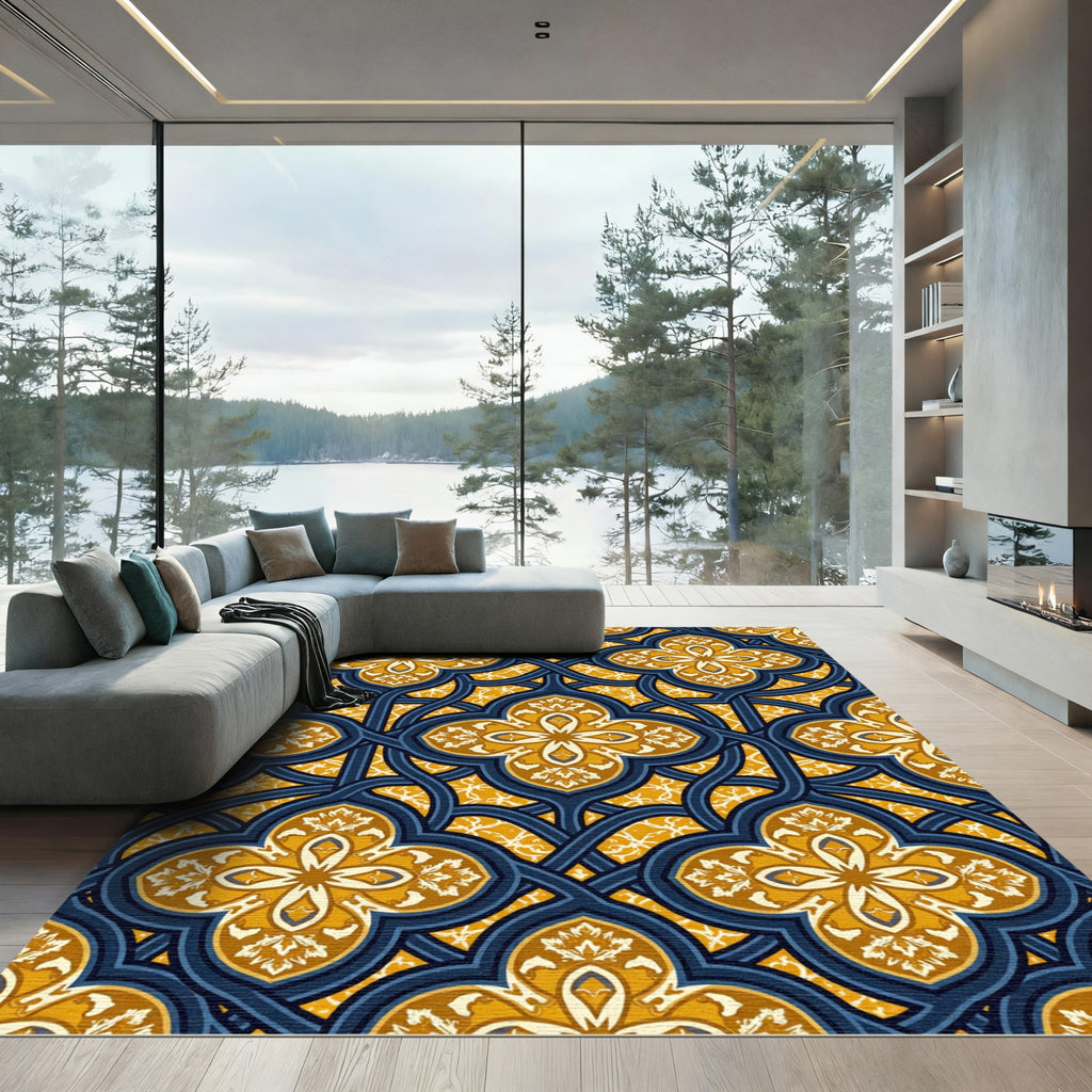 Navy and Gold Interlocking Quatrefoil Rug