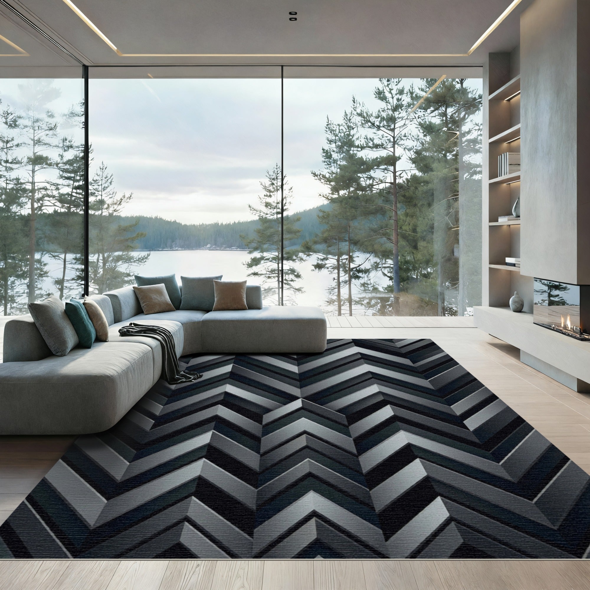 Modern Charcoal Geometric Chevron Art Rug