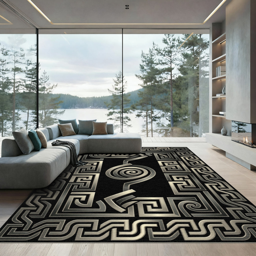 Metallic Greek Key Swirl Statement Rug