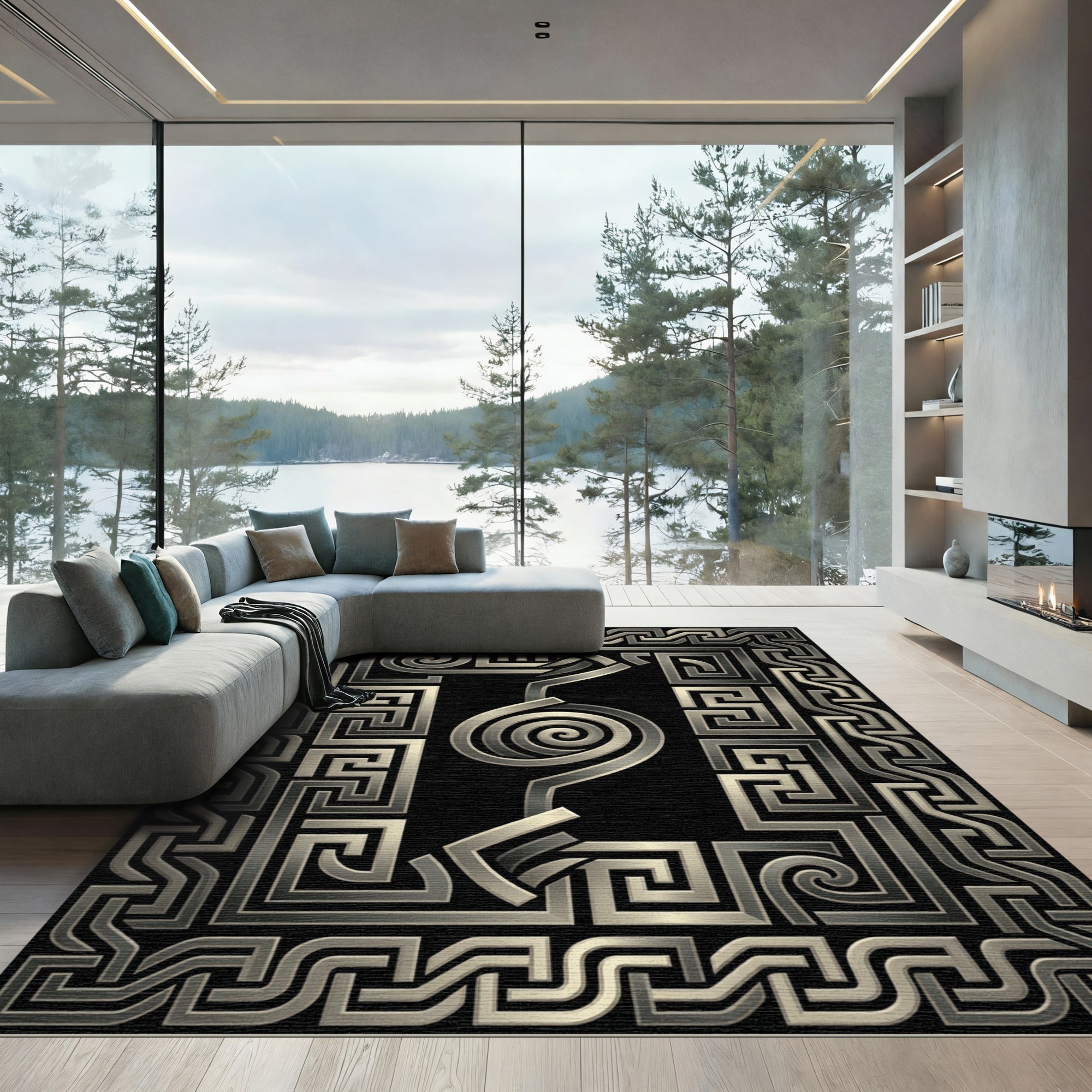 Metallic Greek Key Swirl Statement Rug