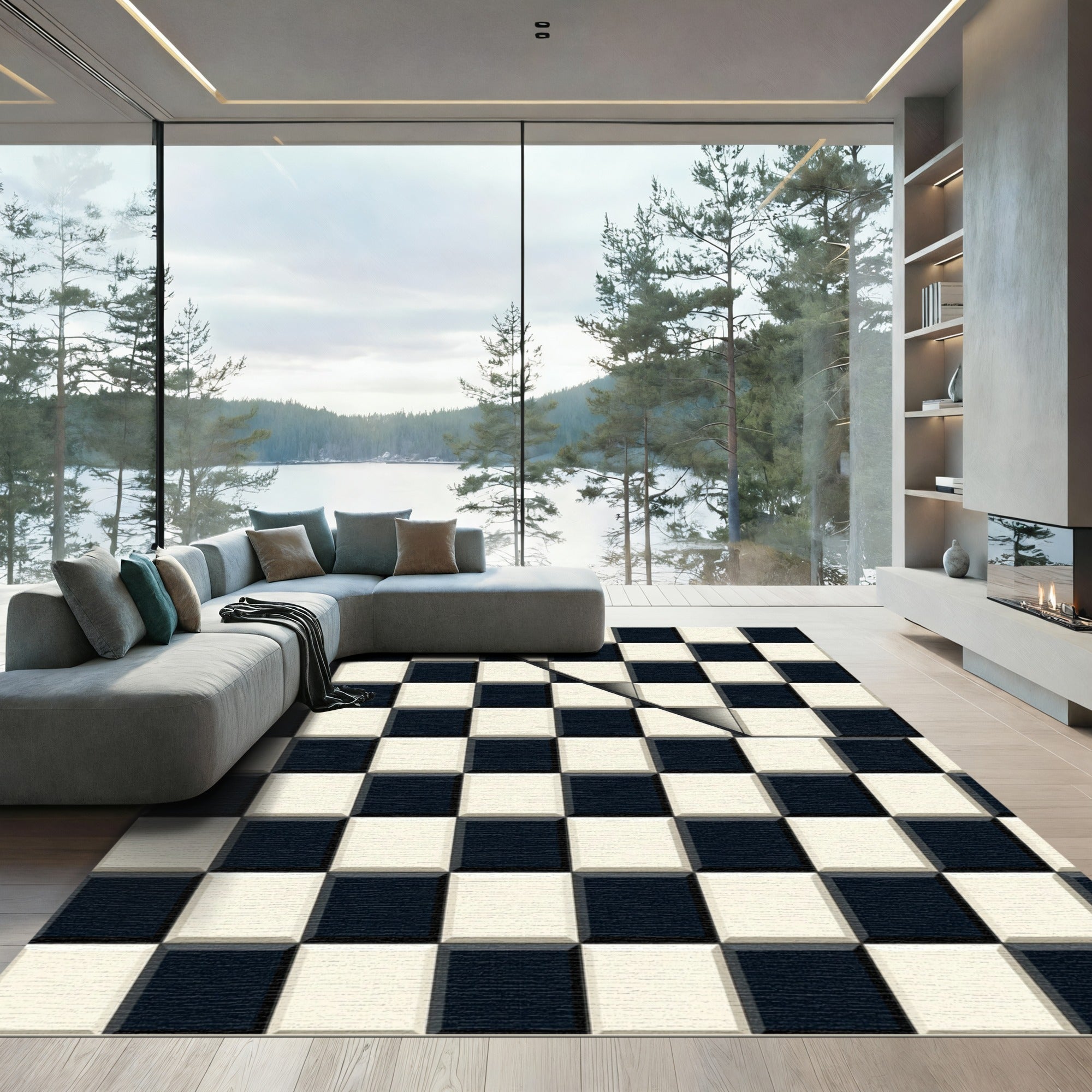 Black Cream Checkerboard Line Relief Rug