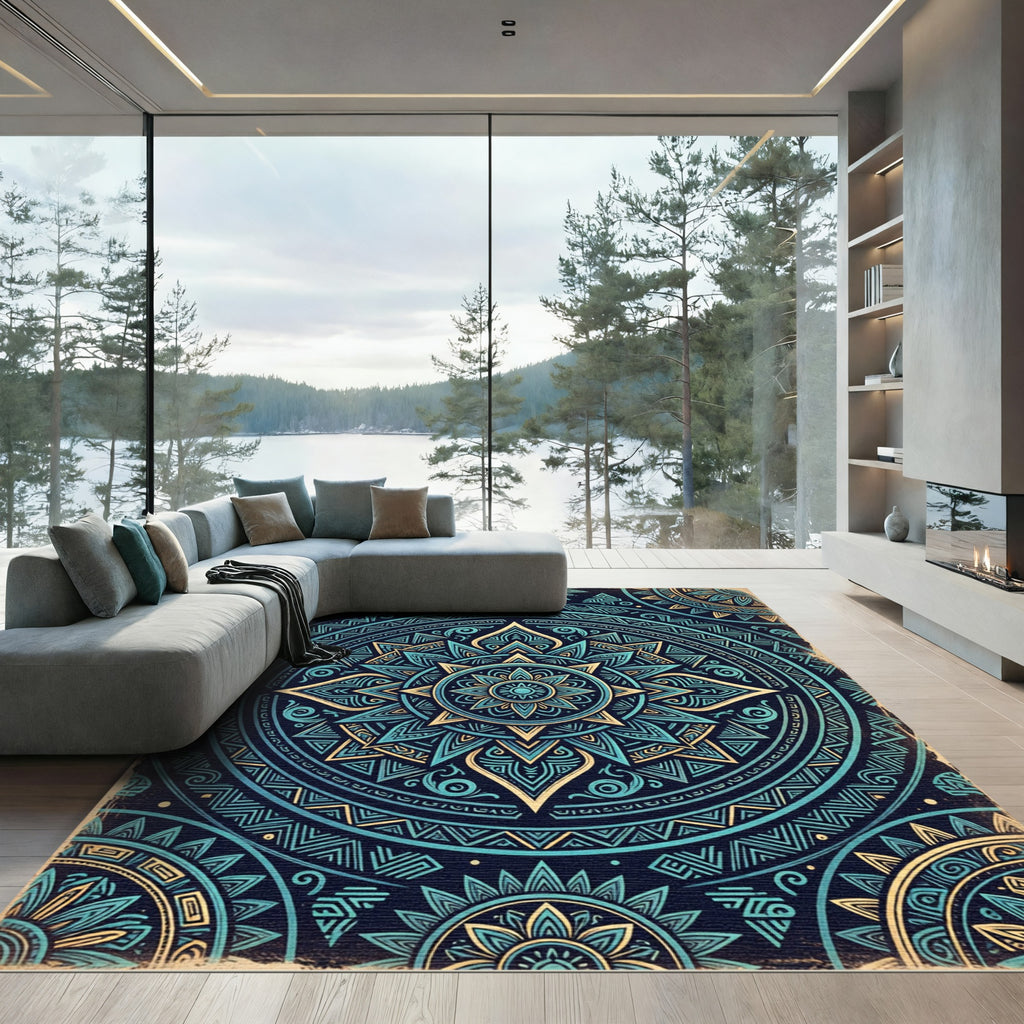 Turquoise Teal Geometric Mandala Rug