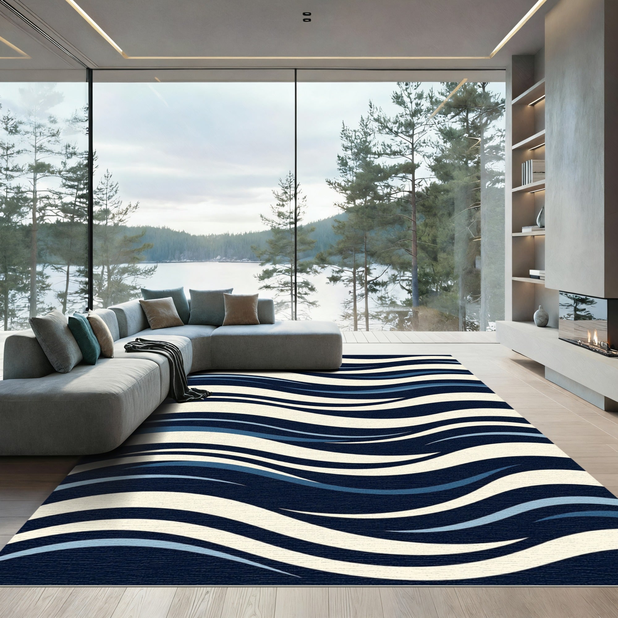 Modern Navy Blue Waving Line Rug
