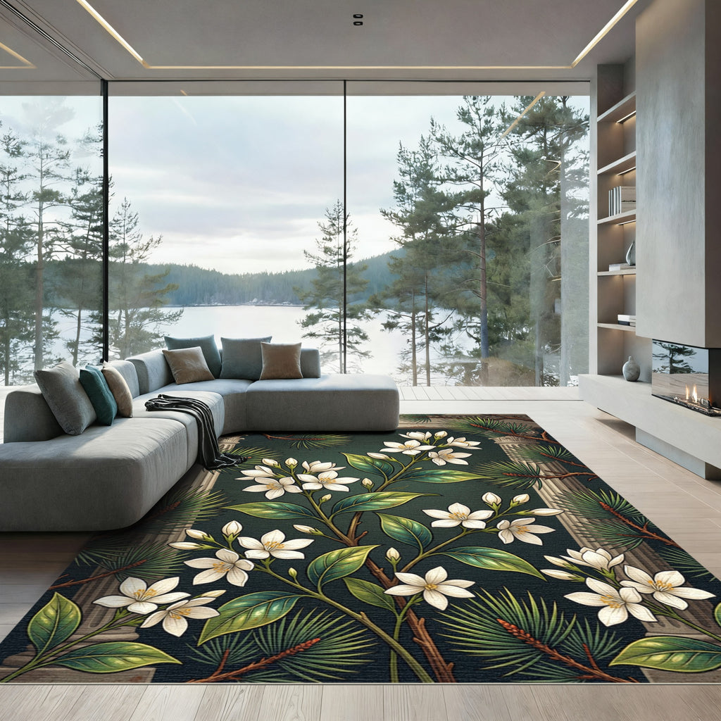 Elegant White Jasmine and Pine Foliage Rug
