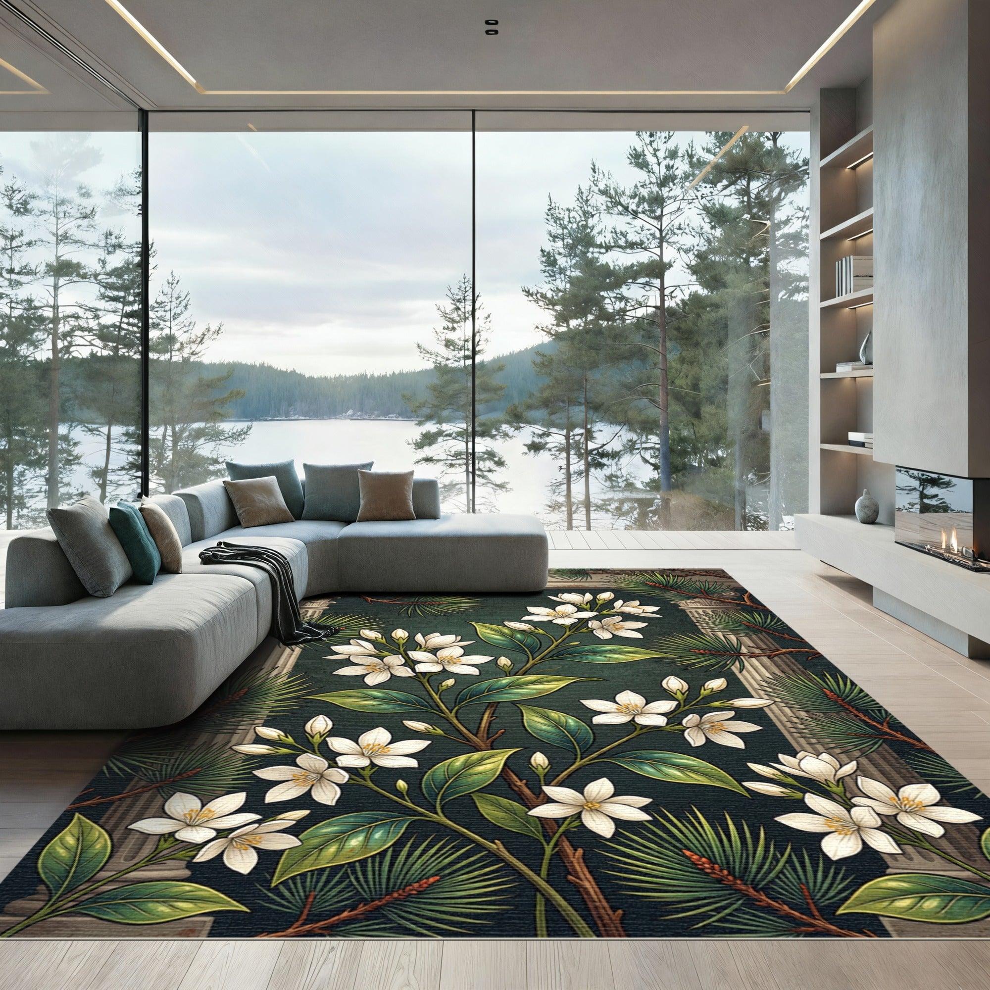 Elegant White Jasmine and Pine Foliage Rug